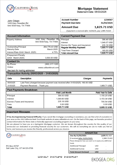 Relevé d'hypothèque bancaire USA California Bank Trust aux formats Word et PDF